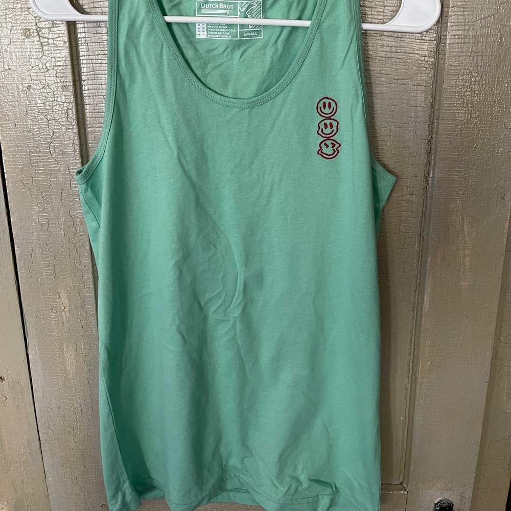 Green Dutch Bros Tank Top with Smiley Faces